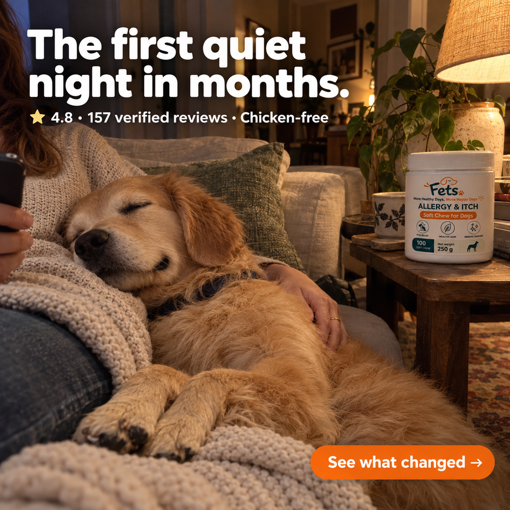 A sleeping dog beside Fets Allergy & Itch Soft Chews